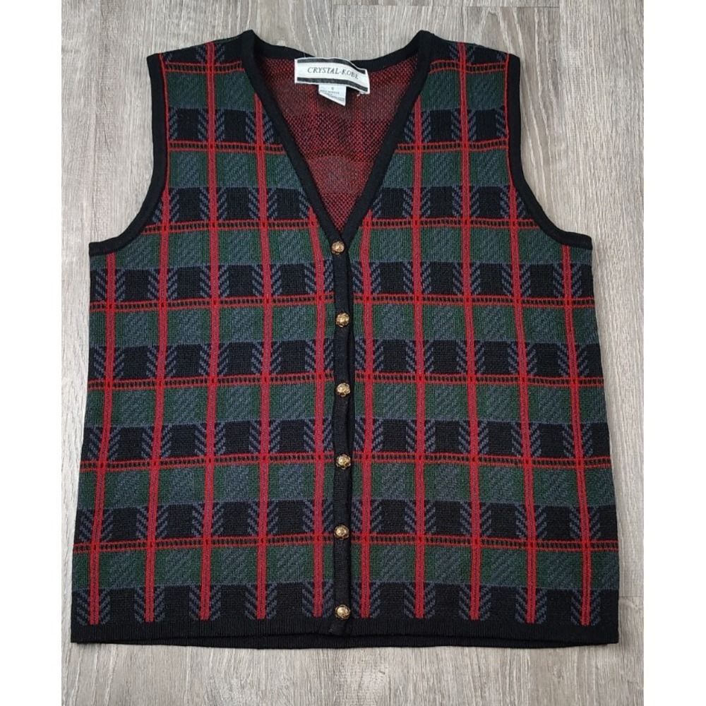 Crystal Kobe Small V Neck Vest‎ Gold Button Dark Academia Holiday Plaid Vtg